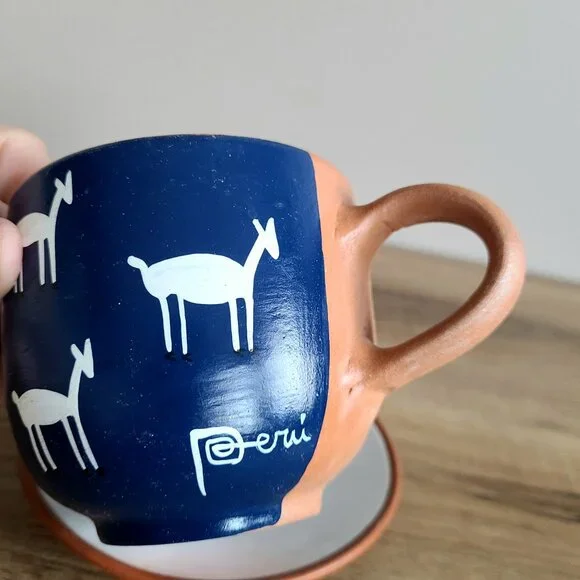 Peru red clay handmade hand painted tea/coffee cup with saucer. - Picture 2 of 6